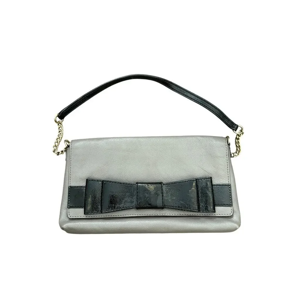 Kate Spade New York Kirk Park Clutch Bag Gray Leather Black Bow Magnetic Flap